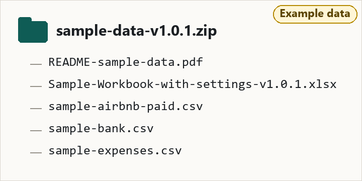 File names in sample-data-v1.0.1.zip: README-sample-data.pdf, Sample-Workbook-with-settings-v1.0.1.xlsx, sample-airbnb-paid.csv, sample-bank.csv, sample-expenses.csv.
